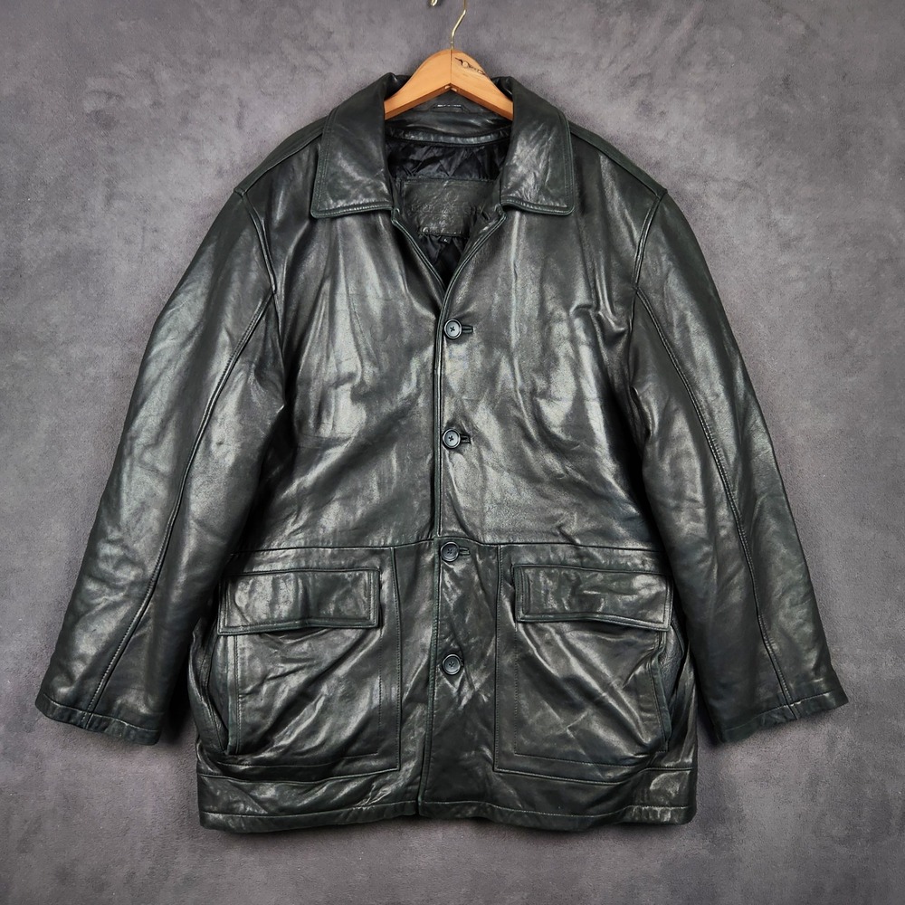 BUGATCHI Uomo Leather Jacket Mens Large Black Zip Liner Button Casual‎ Outerwear